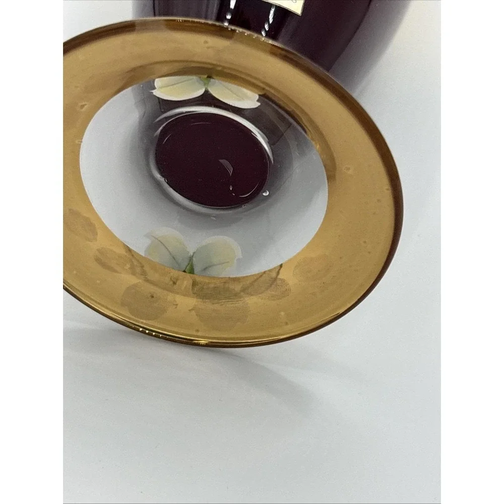 Seyei Japan Ruby Red Cranberry Glass Vase - 24K Gold Gilt & Enamel Flowers
